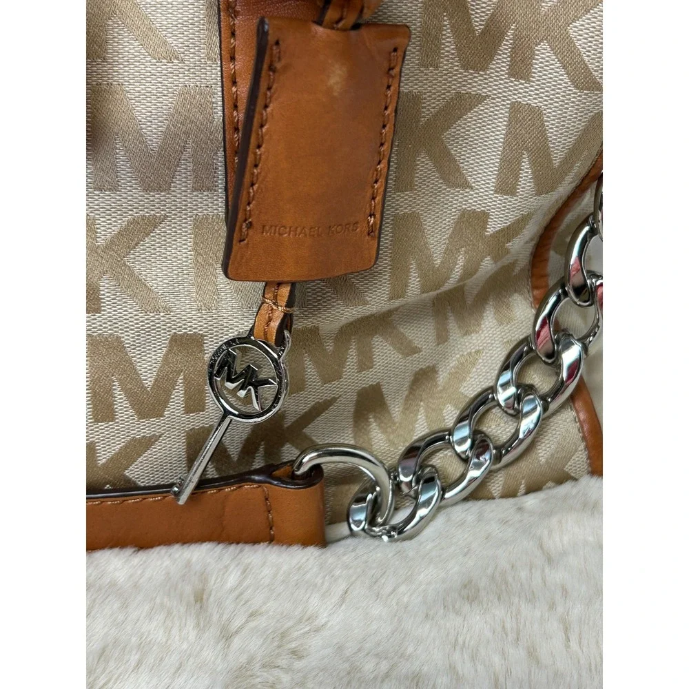 Michael Kors Hamilton Satchel Monogram Canvas Tan Leather Crossbody Bag Dust Bag